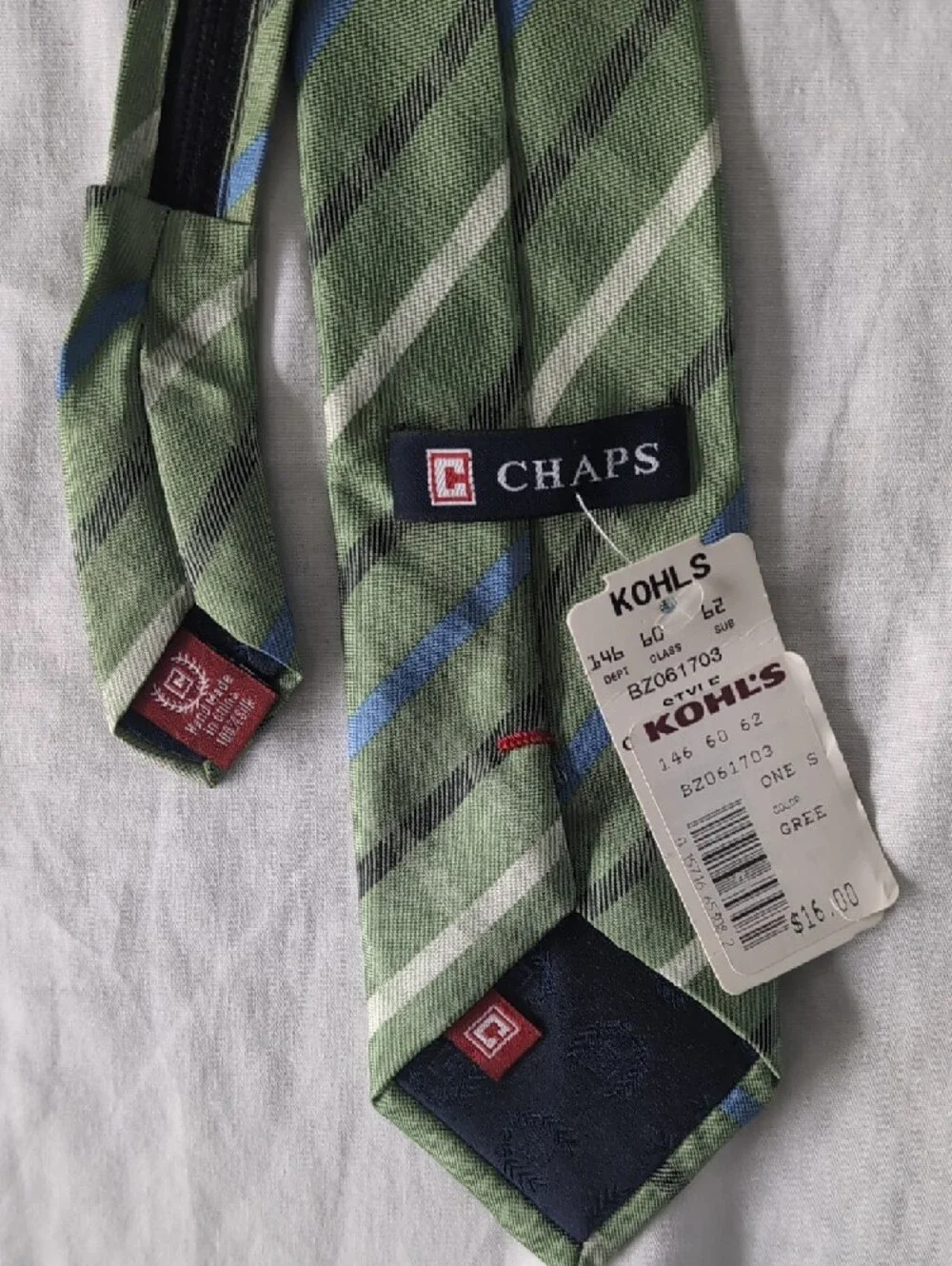 Chaps Green Striped Kids Tie with Blue and Gray Accents